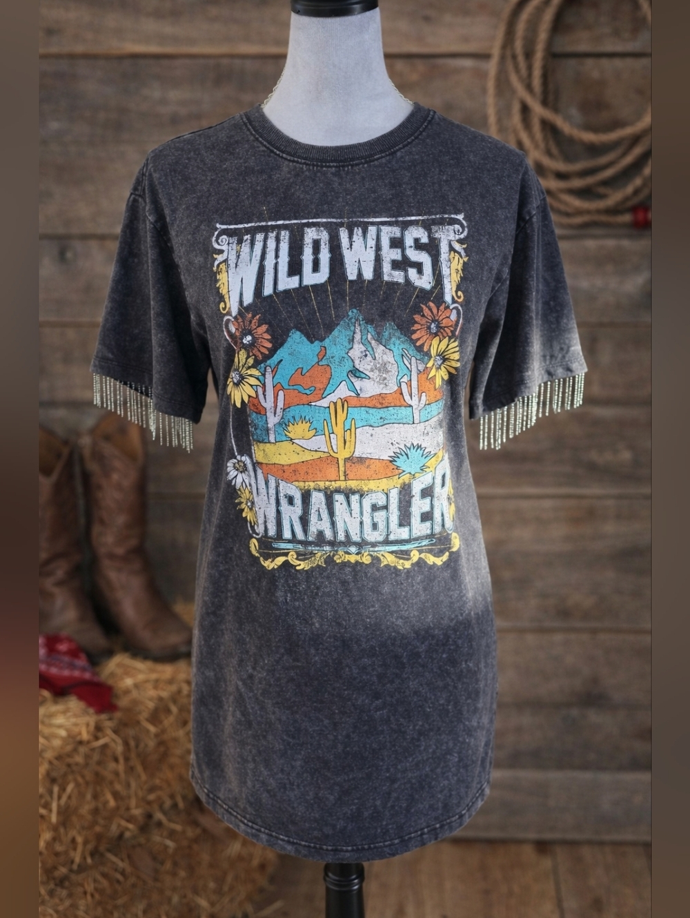 Wild West Wrangler Graphic T-Shirt Dress | Fringe Sleeve Country Western Boho